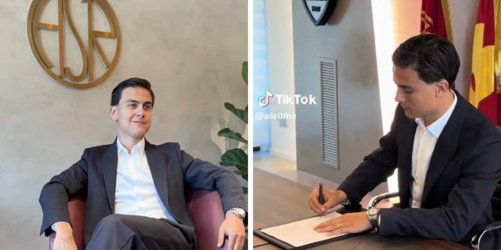 Paulo Dybala mengenakan pakaian elegan saat menandatangani kontrak baru bersama AS Roma